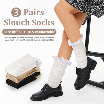 3 Pairs Knee High Slouch Socks for Women Ruffle-White