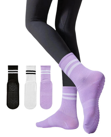 3 Pairs Pilates Socks with Grips-Black White Purple