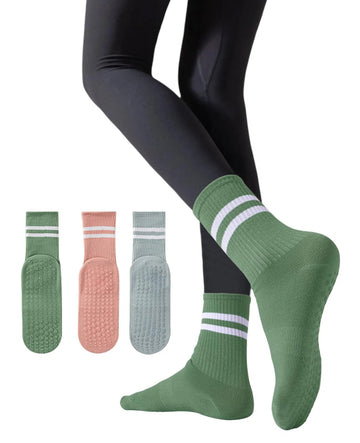 3 Pairs Pilates Socks with Grips-Green Pink Blue