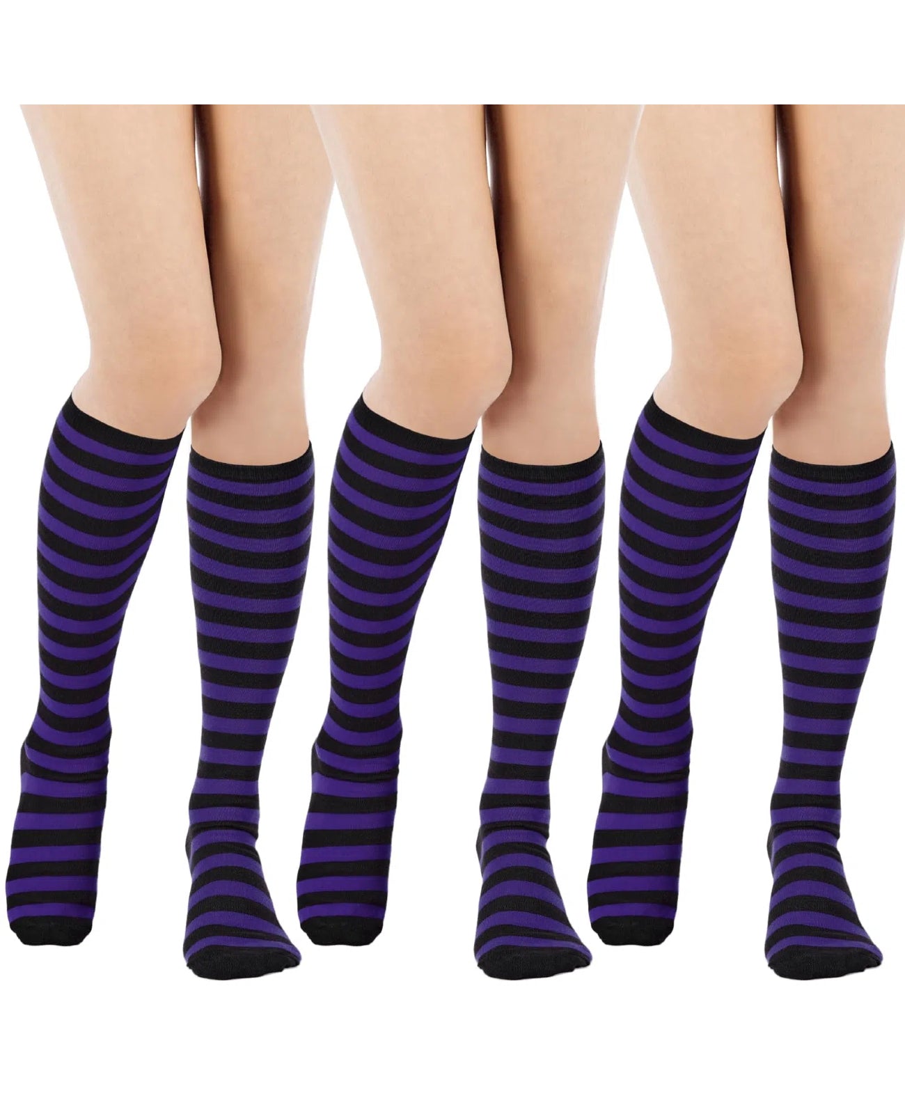 3 Pairs Striped Knee High Socks - Black Purple