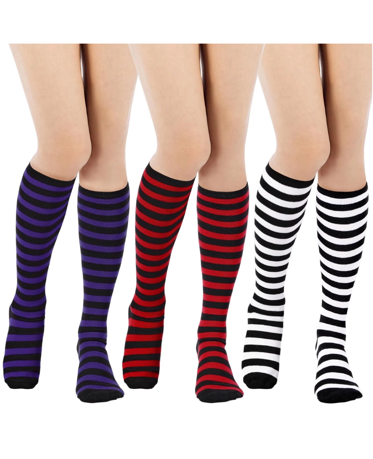 3 Pairs Striped Knee High Socks - Black Purple Red White