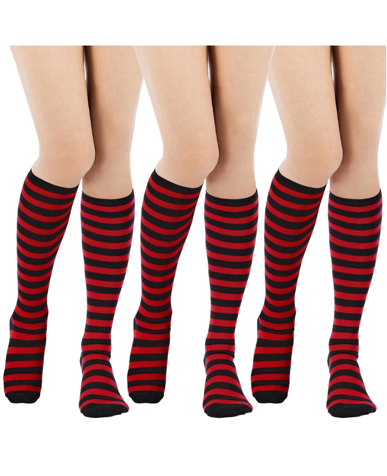 3 Pairs Striped Knee High Socks - Black Red