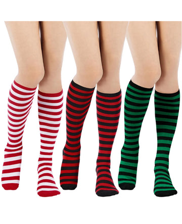 3 Pairs Striped Knee High Socks - Christmas Red Green