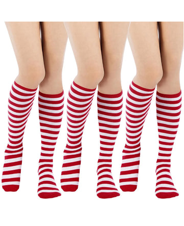 3 Pairs Striped Knee High Socks - Red White