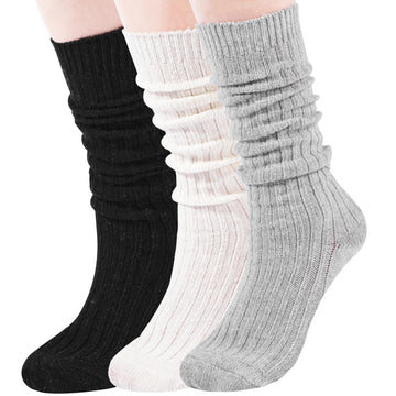 3 Pairs Wool Slouch Socks Knee High-Black/White/Light Gray - Moon Wood