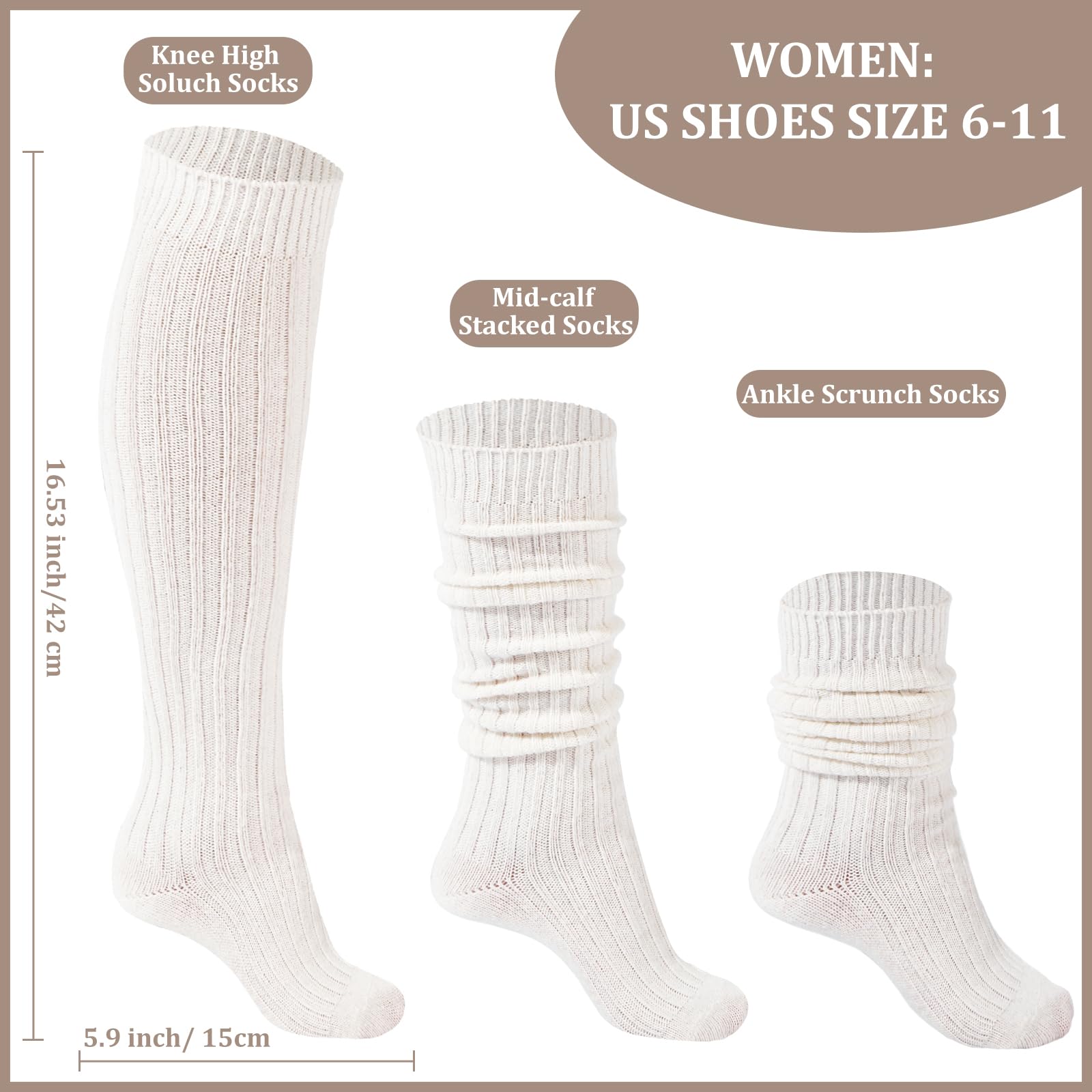 3 Pairs Wool Slouch Socks Knee High-White - Moon Wood