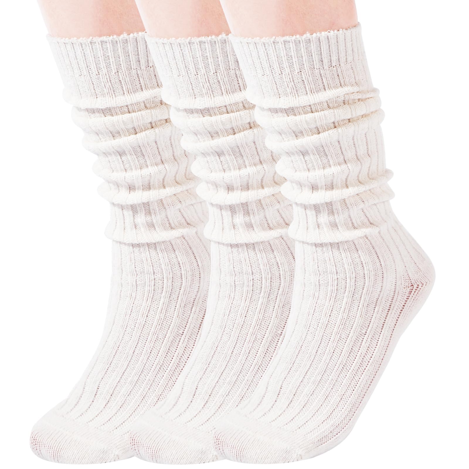 3 Pairs Wool Slouch Socks Knee High-White - Moon Wood