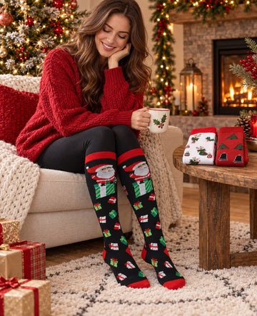 3 Pack Christmas Compression Socks for Women Men worn in a Christmas holiday lifestyle scene