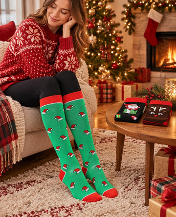 3 Pairs Compression Socks Knee High worn in a Christmas holiday lifestyle scene