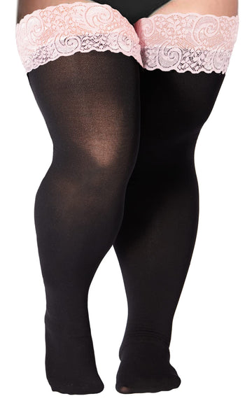 55D Semi Sheer Silicone Lace Stay Up Thigh Highs Pantyhose-Black & Light Lace
