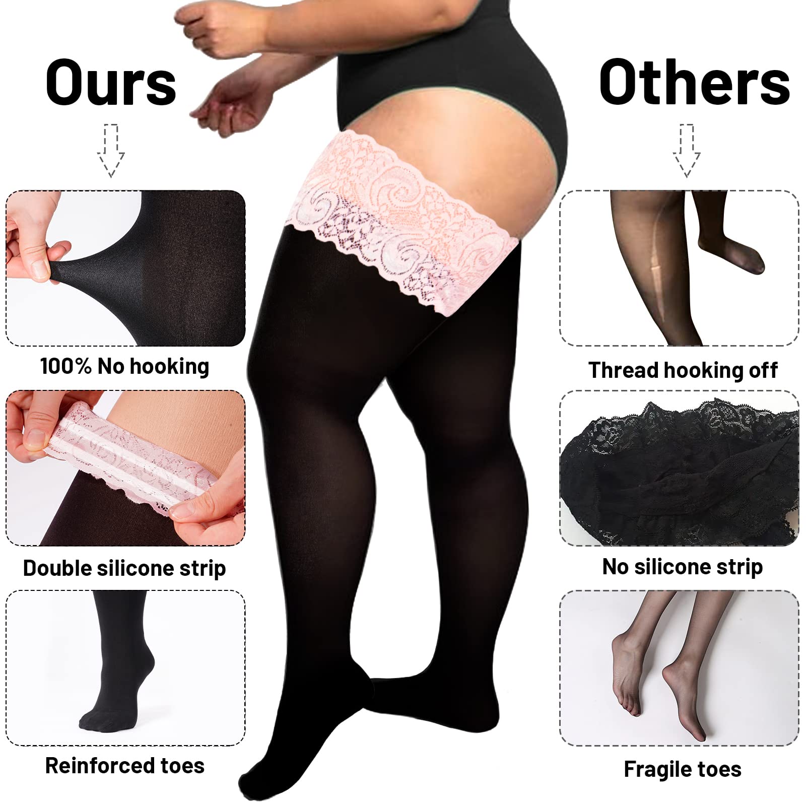 55D Semi Sheer Silicone Lace Stay Up Thigh Highs Pantyhose-Black & Light Lace - Moon Wood