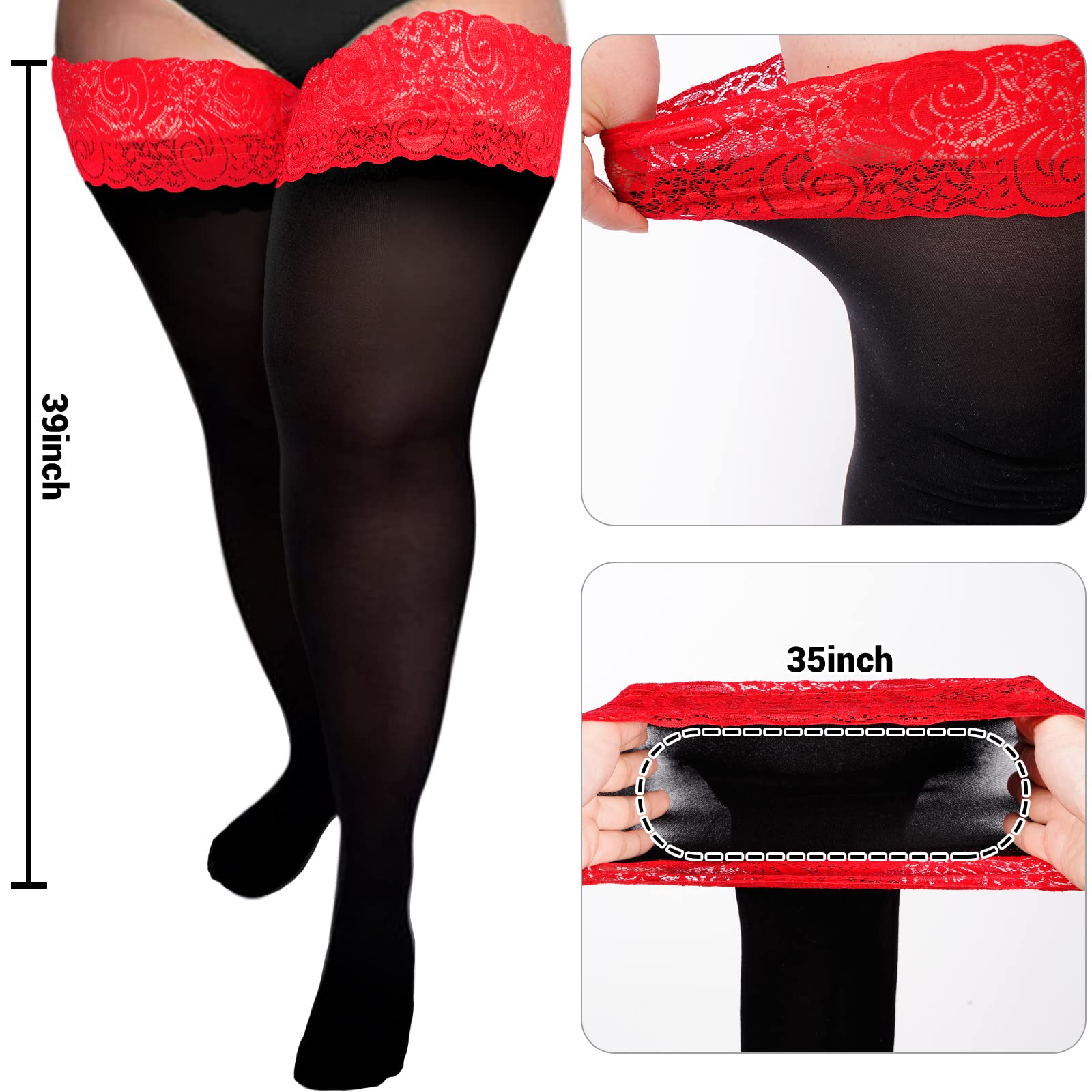 55D Semi Sheer Silicone Lace Stay Up Thigh Highs Pantyhose-Black & Red Lace - Moon Wood
