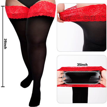 55D Semi Sheer Silicone Lace Stay Up Thigh Highs Pantyhose-Black & Red Lace