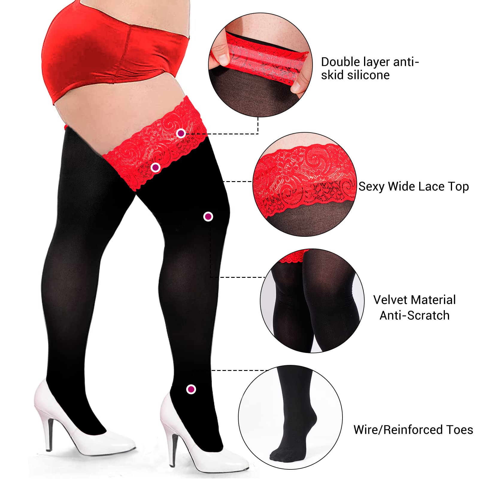 55D Semi Sheer Silicone Lace Stay Up Thigh Highs Pantyhose-Black & Red Lace - Moon Wood