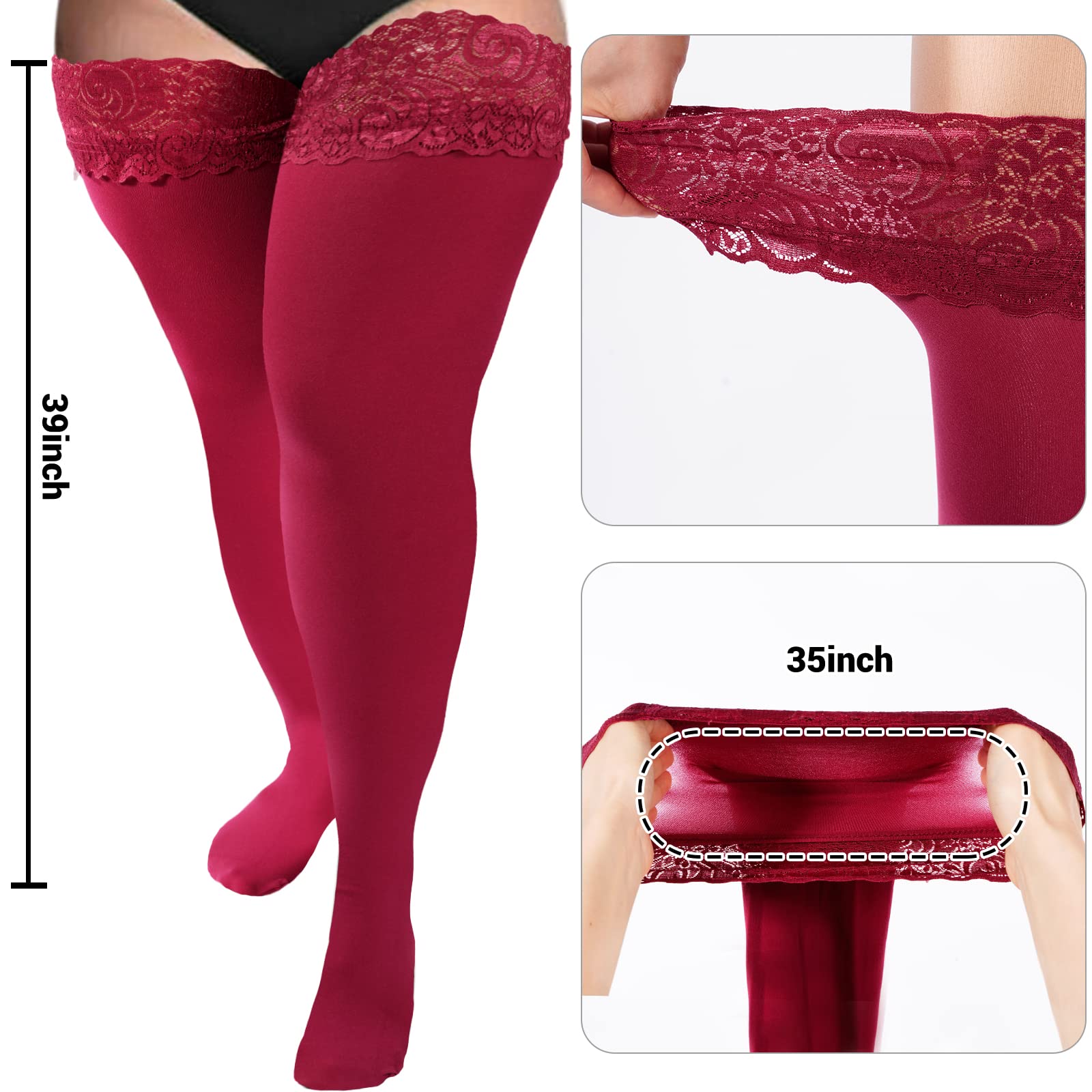 55D Semi Sheer Silicone Lace Stay Up Thigh Highs Pantyhose-Burgundy - Moon Wood