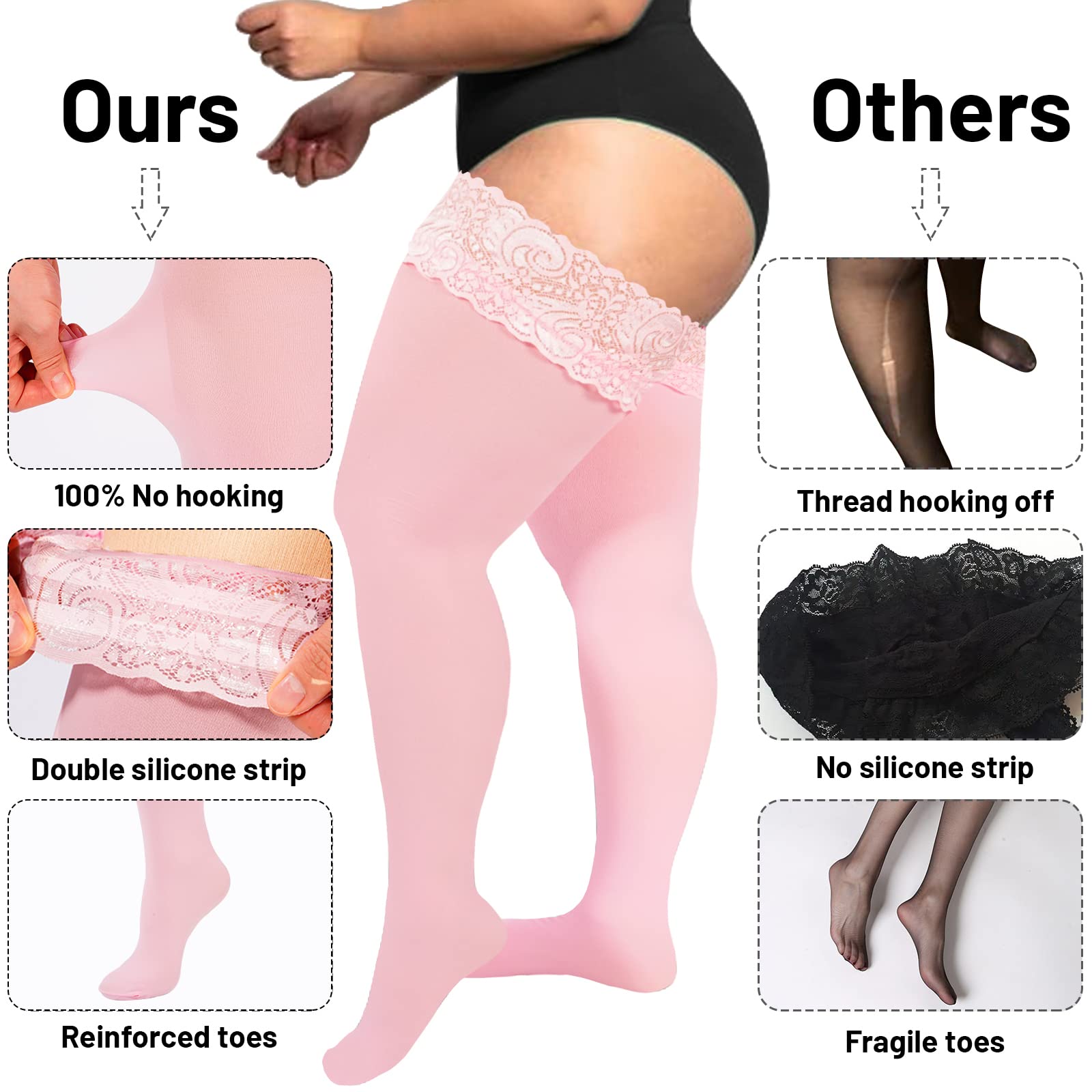 55D Semi Sheer Silicone Lace Stay Up Thigh Highs Pantyhose-Light Pink - Moon Wood