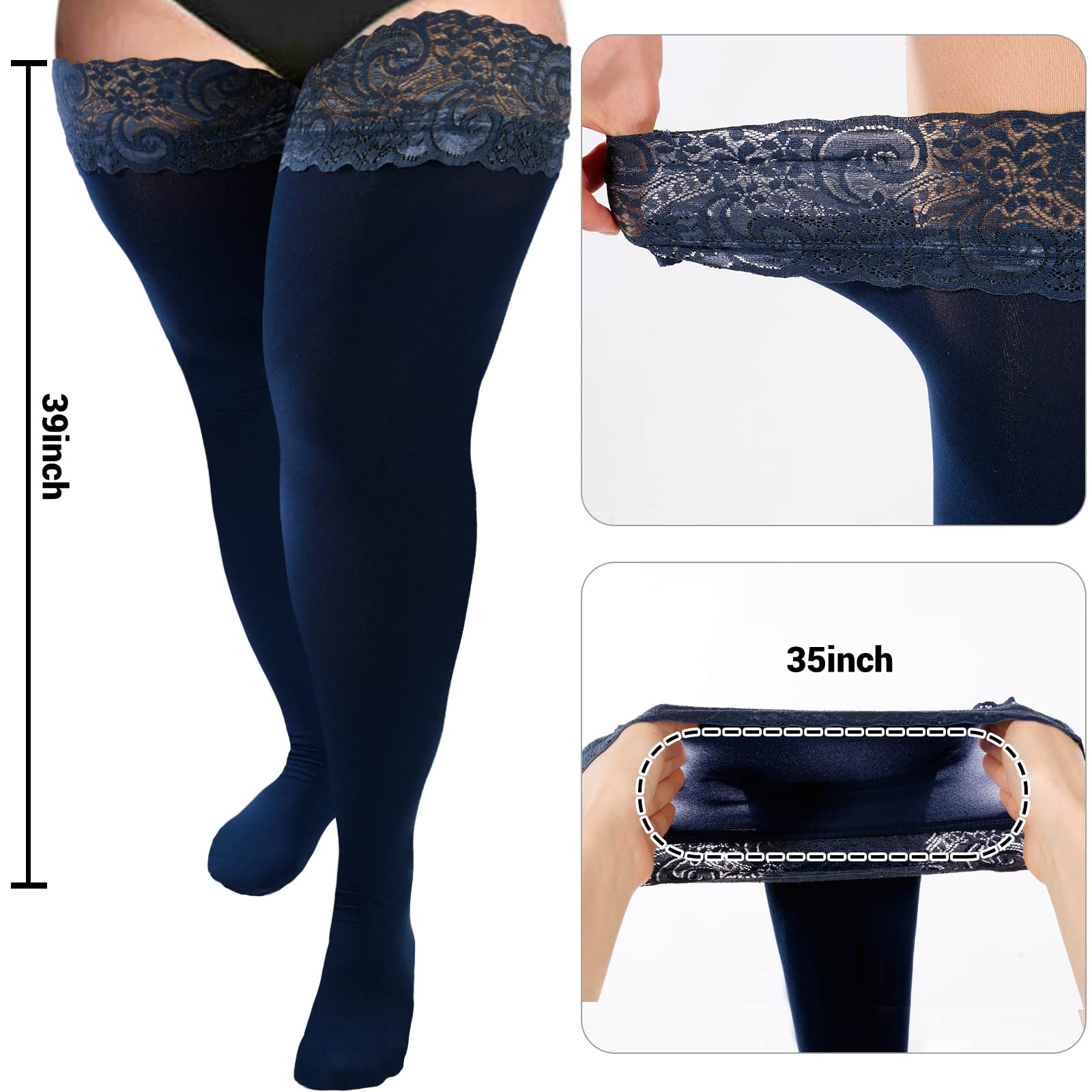 55D Semi Sheer Silicone Lace Stay Up Thigh Highs Pantyhose-Navy Blue - Moon Wood