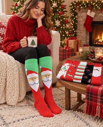 6 Pairs Knee High Christmas Compression Socks worn in a Christmas holiday lifestyle scene