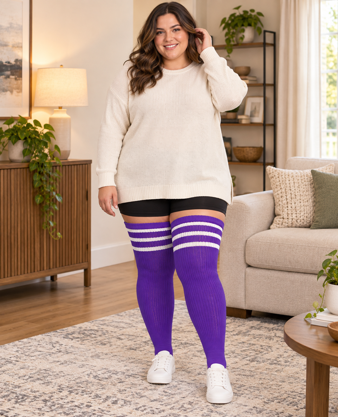 Purple & White plus size striped thigh high socks, wide cuff and rib-knit texture, full-body indoor model photo
