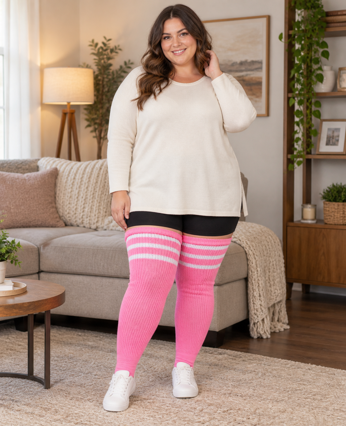 Pink & White plus size striped thigh high socks, wide cuff and rib-knit texture, full-body indoor model photo