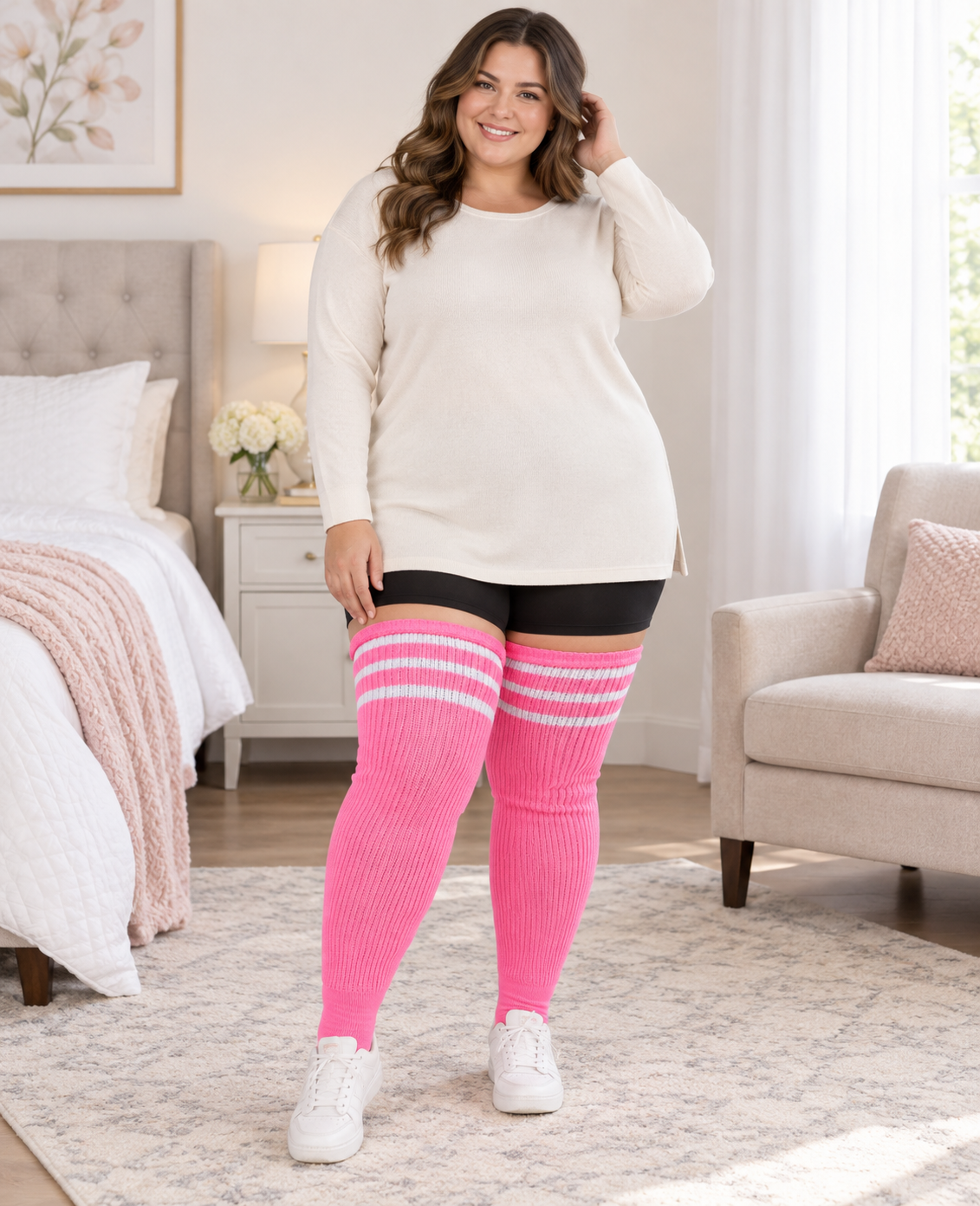 Pink & White plus size striped thigh high socks, wide cuff and rib-knit texture, full-body indoor model photo