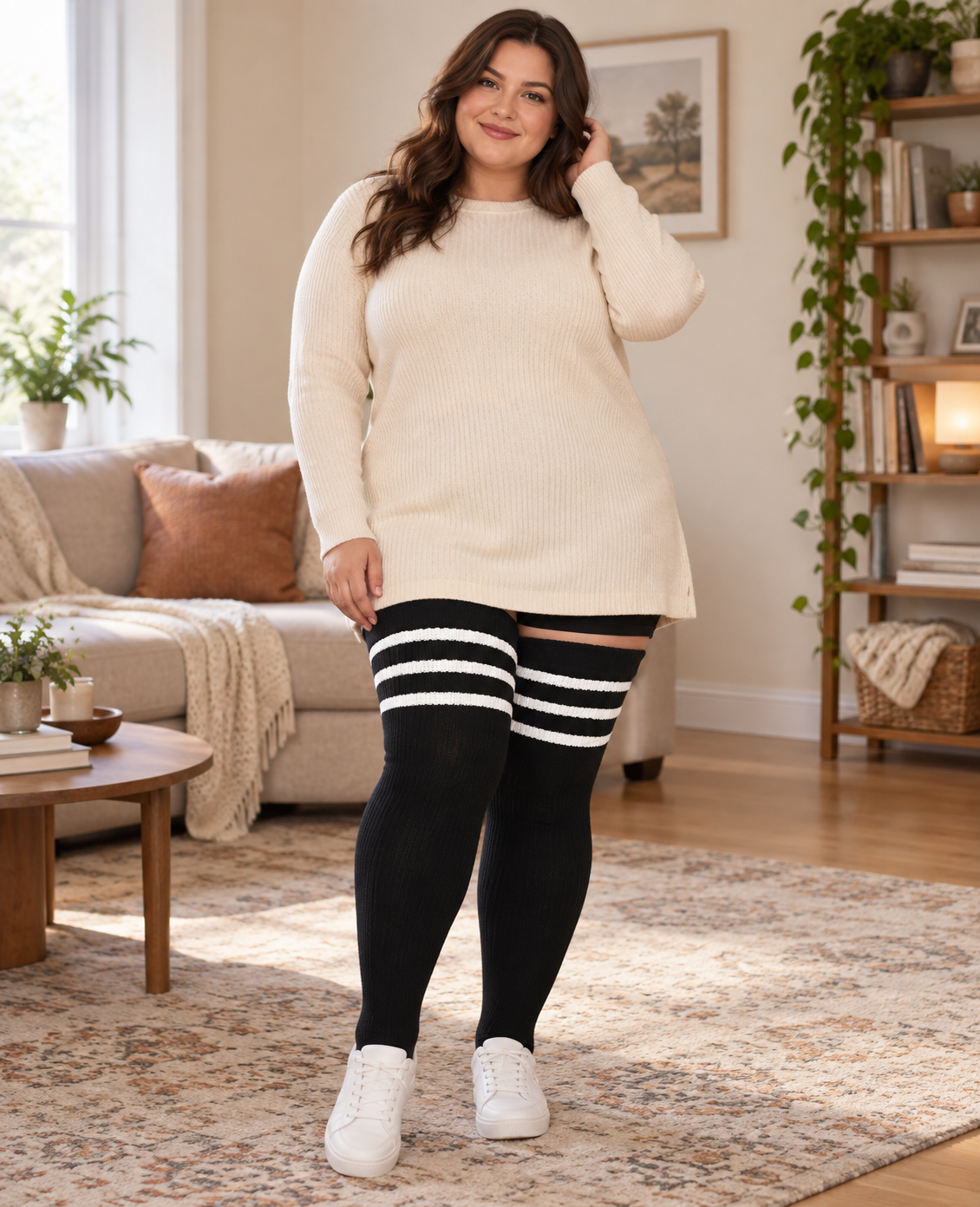 Black & White plus size striped thigh high socks, wide cuff and rib-knit texture, full-body indoor model photo