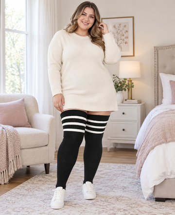 Black & White plus size striped thigh high socks, wide cuff and rib-knit texture, full-body indoor model photo