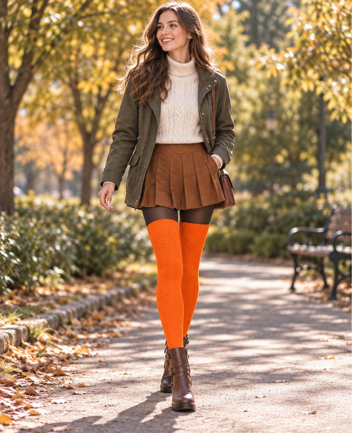 Thigh High Socks Boot Sock Women-Halloween Pumpkin - Energetic Female Model Scene