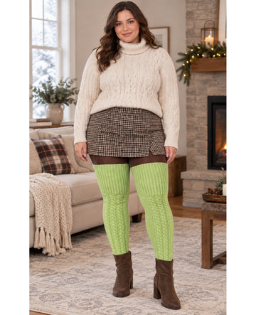 Wool Plus Size Thigh High Socks For Thick Thighs-Avocado Green - Indoor Model Scene