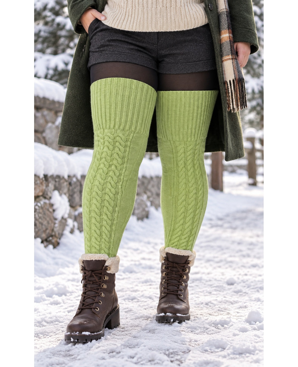 Wool Plus Size Thigh High Socks For Thick Thighs-Avocado Green - Snowy Outdoor Model Scene