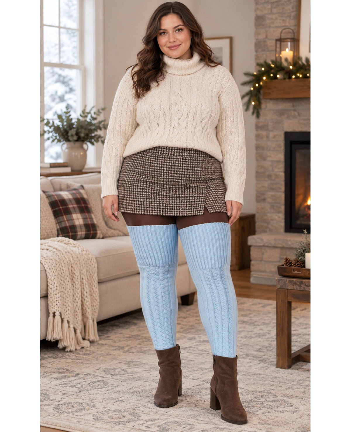 Wool Plus Size Thigh High Socks For Thick Thighs-Baby Blue - Indoor Model Scene