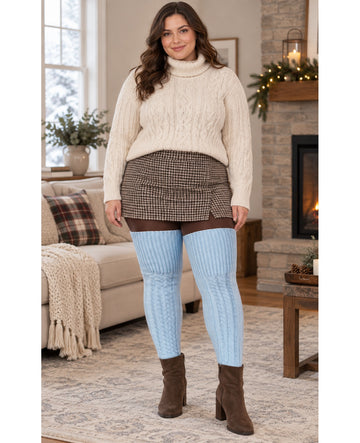 Wool Plus Size Thigh High Socks For Thick Thighs-Baby Blue - Indoor Model Scene