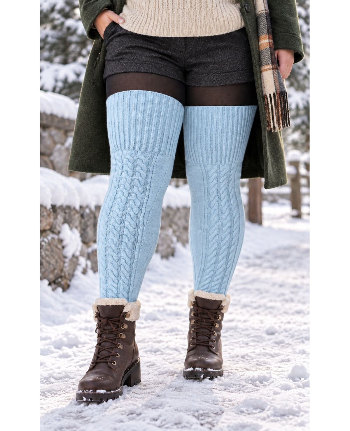 Wool Plus Size Thigh High Socks For Thick Thighs-Baby Blue - Snowy Outdoor Model Scene