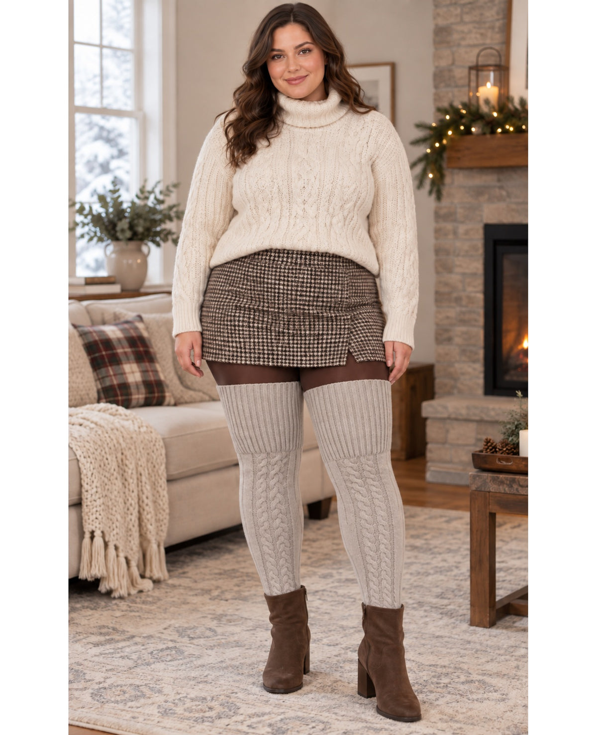 Wool Plus Size Thigh High Socks For Thick Thighs-Beige - Indoor Model Scene