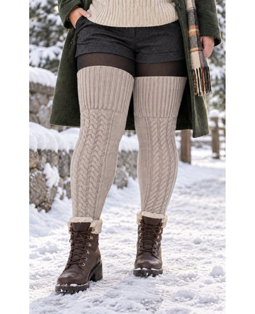 Wool Plus Size Thigh High Socks For Thick Thighs-Beige - Snowy Outdoor Model Scene
