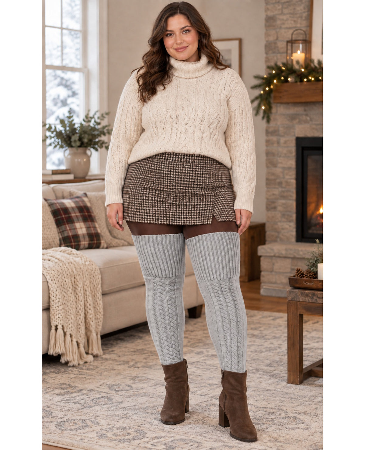 Wool Plus Size Thigh High Socks For Thick Thighs-Grey - Indoor Model Scene