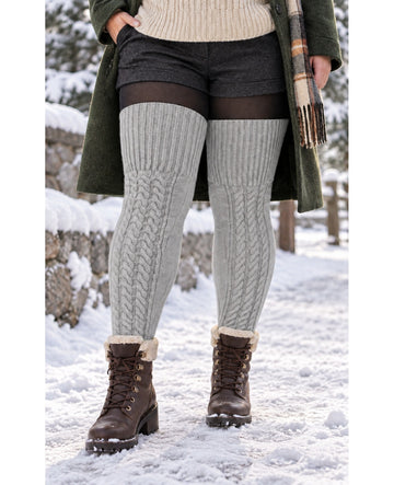 Wool Plus Size Thigh High Socks For Thick Thighs-Grey - Snowy Outdoor Model Scene