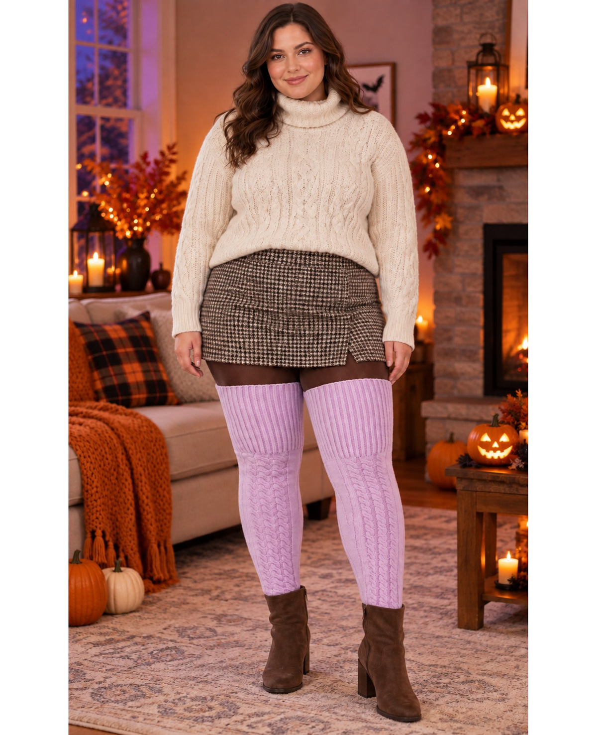 Wool Plus Size Thigh High Socks For Thick Thighs-Lavender - Halloween Model Scene