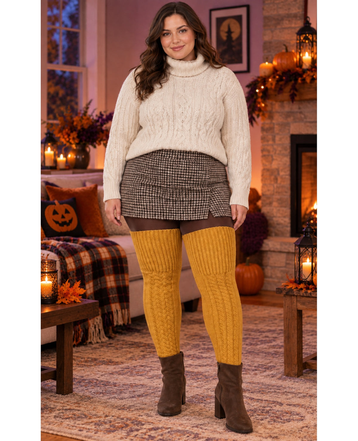 Wool Plus Size Thigh High Socks For Thick Thighs-Turmeric - Halloween Model Scene