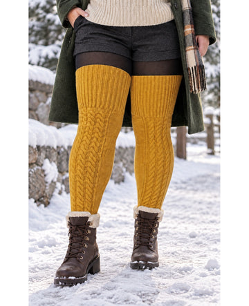 Wool Plus Size Thigh High Socks For Thick Thighs-Turmeric - Snowy Outdoor Model Scene