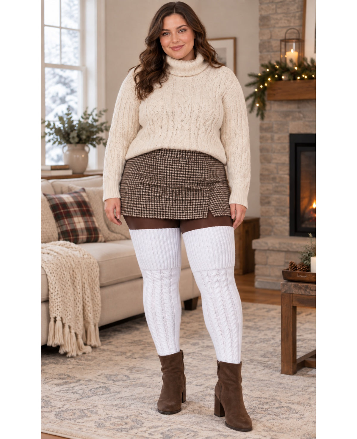 Wool Plus Size Thigh High Socks For Thick Thighs-White - Indoor Model Scene