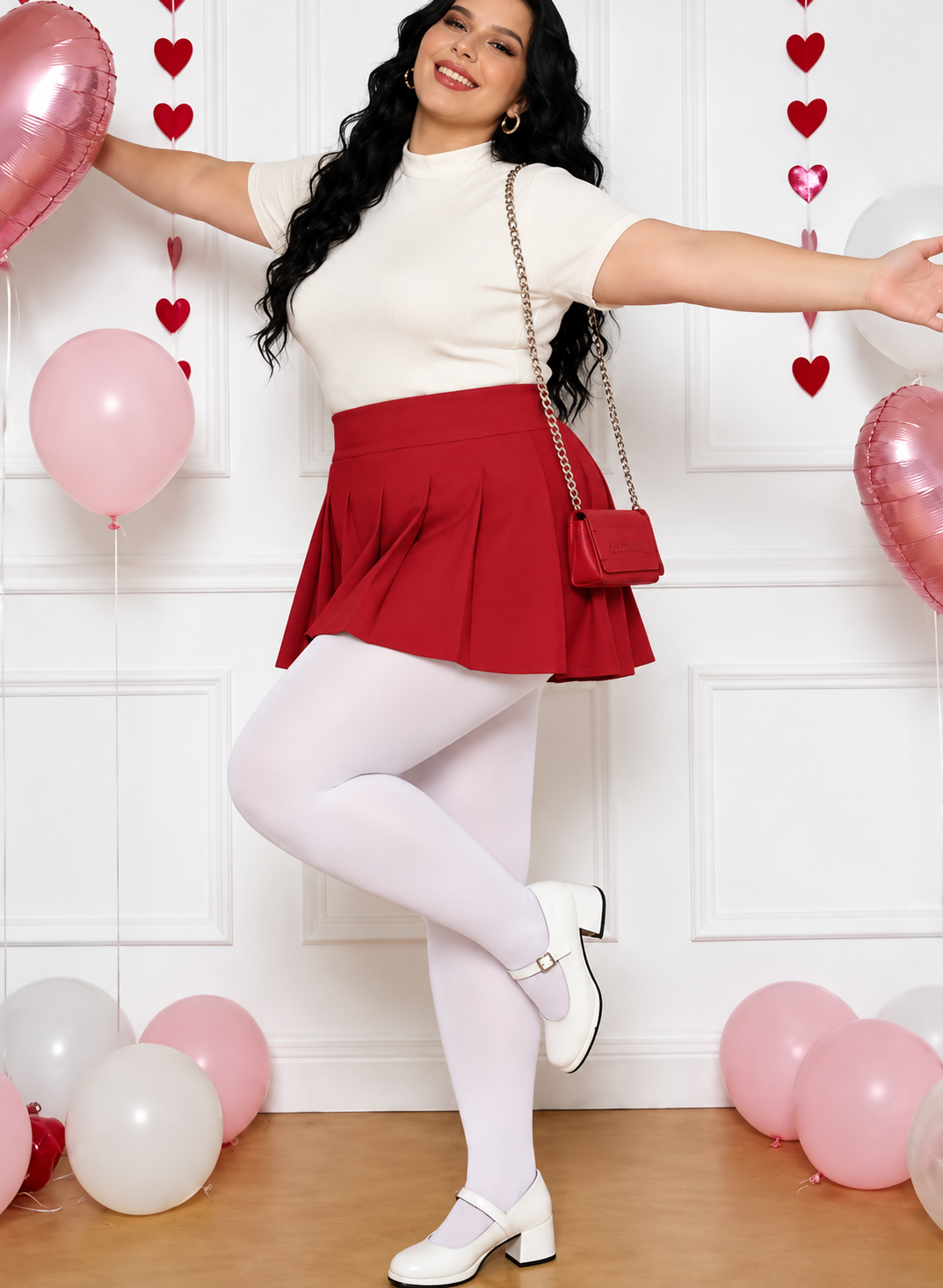 Corrected smooth plus size opaque thigh high socks, black, white, and beige, sleek hosiery surface, no knit texture, party holiday celebration, plus size women’s fashion model photo