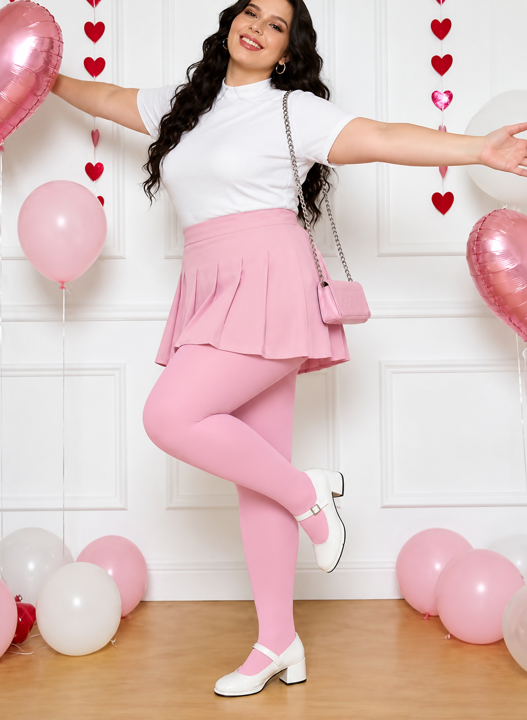 Corrected smooth plus size opaque thigh high socks, black, white, and pink, sleek hosiery surface, no knit texture, party holiday celebration, plus size women’s fashion model photo