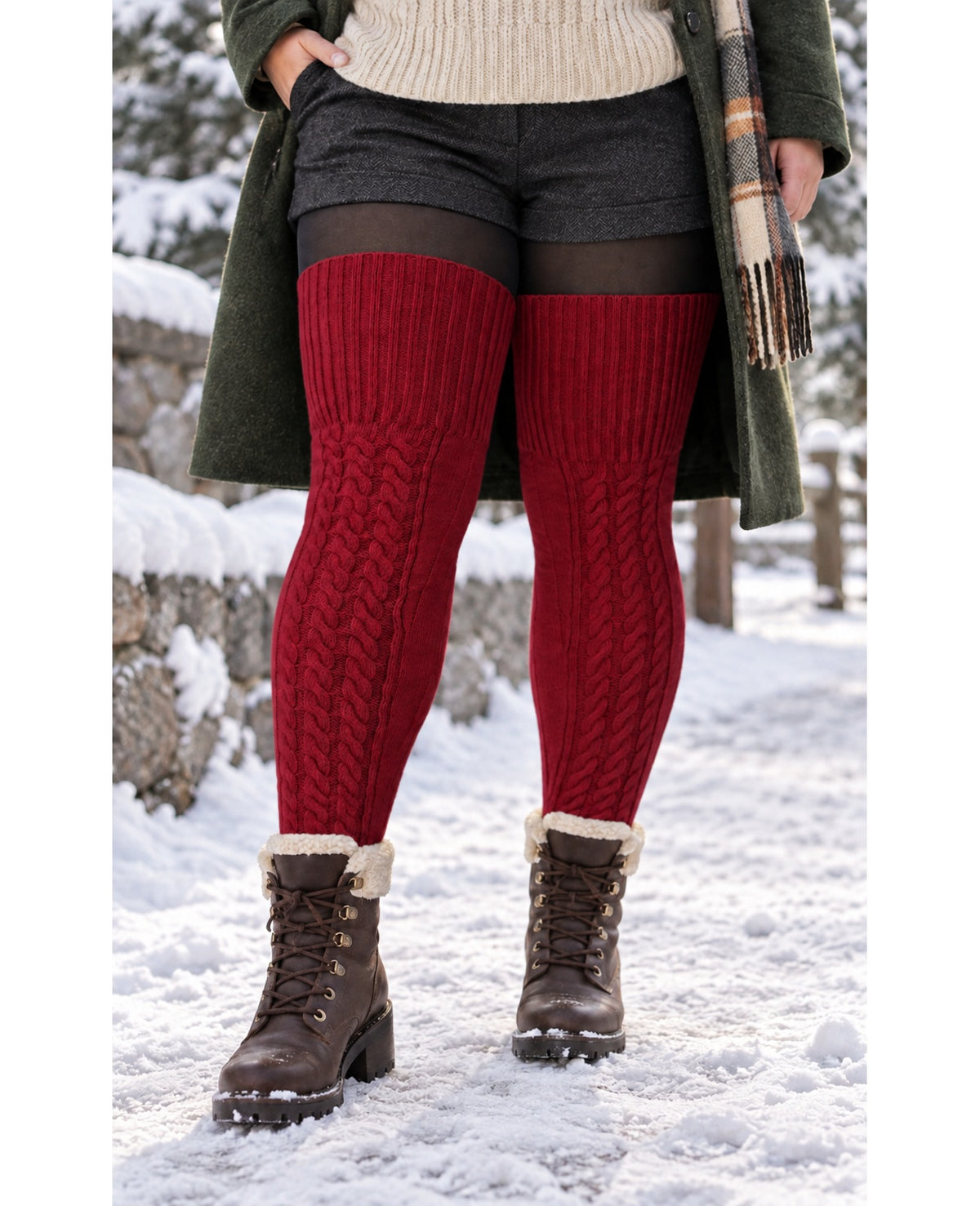 Wool Plus Size Thigh High Socks For Thick Thighs-Burgundy - Snowy Outdoor Model Scene