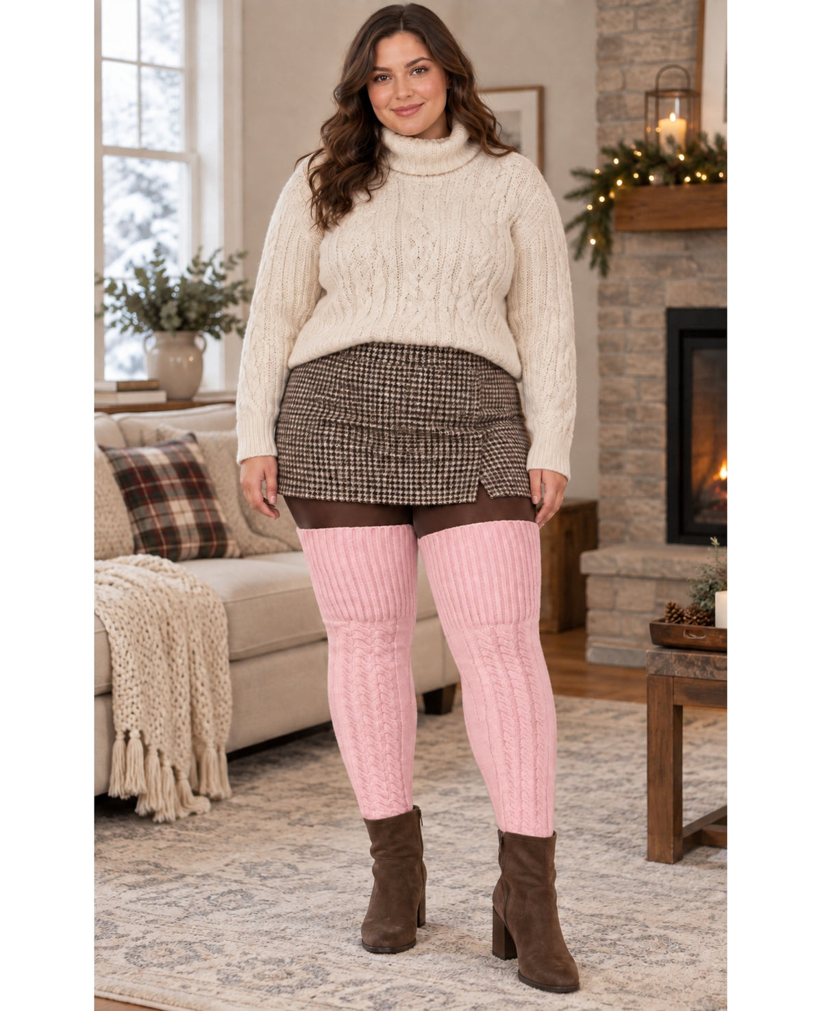 Wool Plus Size Thigh High Socks For Thick Thighs-Pink - Indoor Model Scene