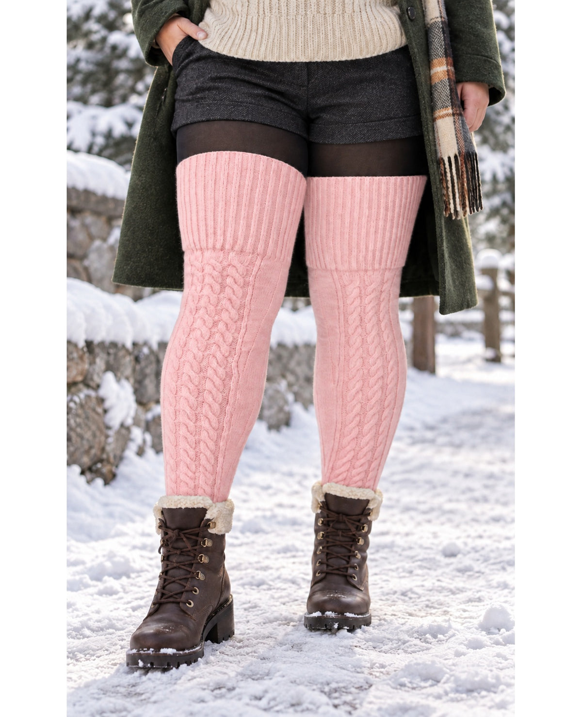 Wool Plus Size Thigh High Socks For Thick Thighs-Pink - Snowy Outdoor Model Scene