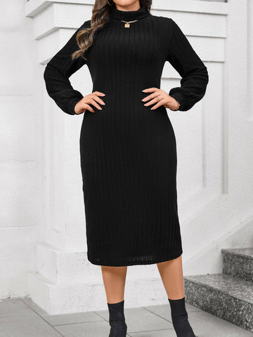 Black knit midi dress with mock neck, long sleeves, fitted waist silhouette