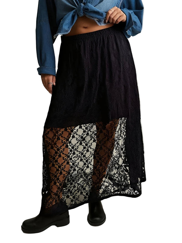 Black lace skirt with elastic waist and wide sheer lace panel at hem