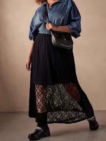Black lace skirt with gathered elastic waistband and contrast lace hem panels