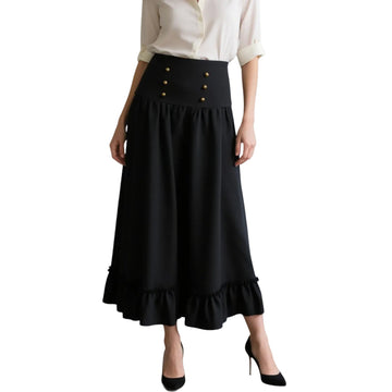 Black midi skirt with ruffled hem and buttoned waistband detail